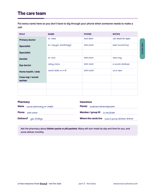 Care team page filled in with handwritten doctor contacts