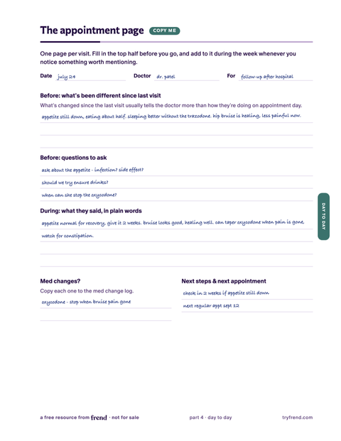 Example appointment page of the caregiver binder