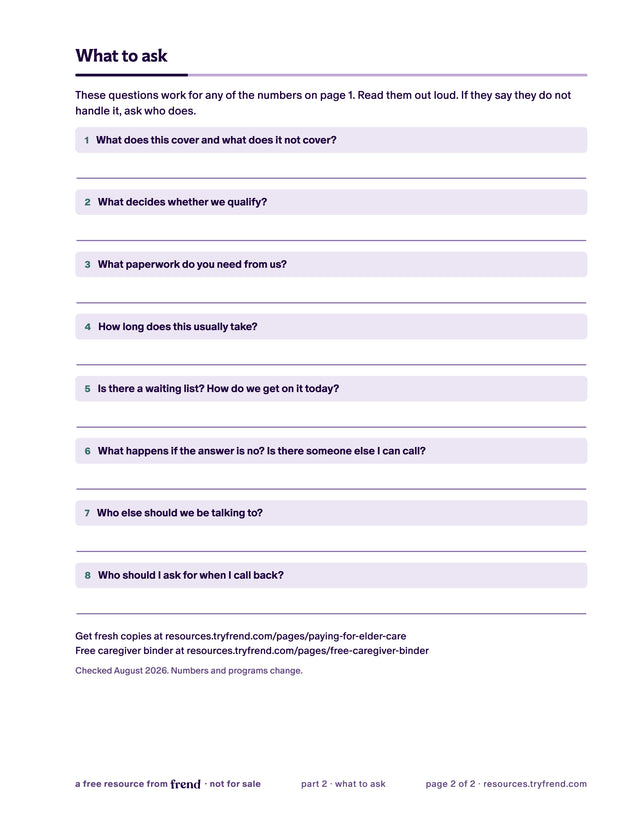 Call sheet page 2 with questions and call log section