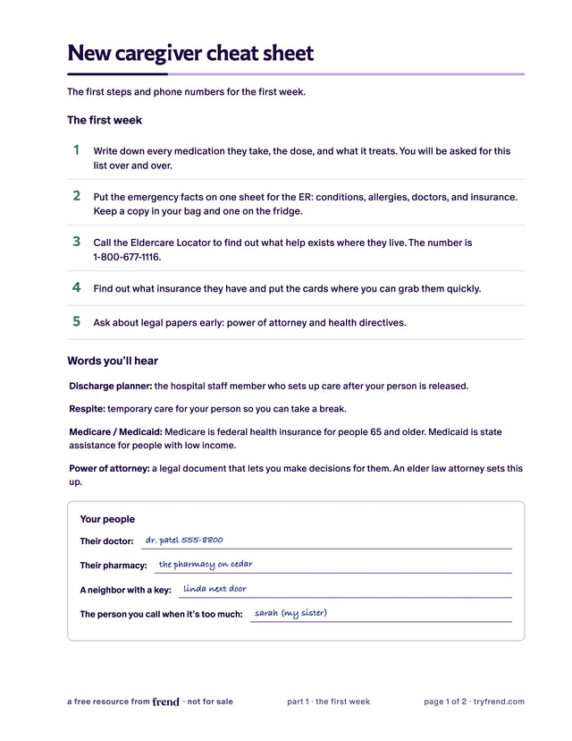 Page 1 of the new caregiver cheat sheet with the five first steps