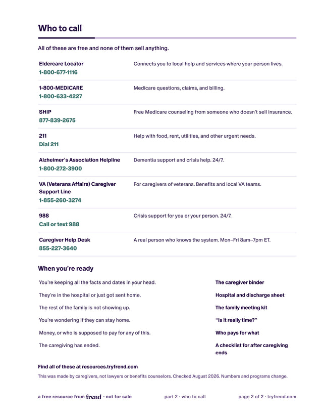 Page 2 with the phone numbers for free help