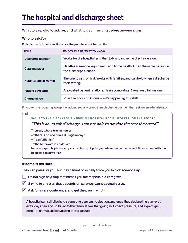 Page 1 of the hospital and discharge sheet showing who to ask for
