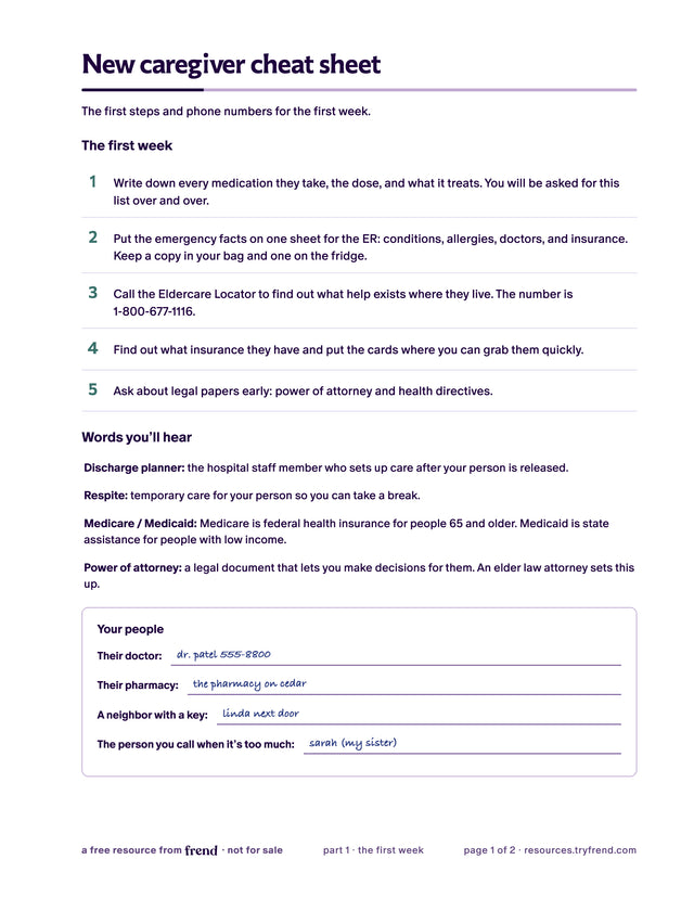Page 1 of the new caregiver cheat sheet with the five first steps