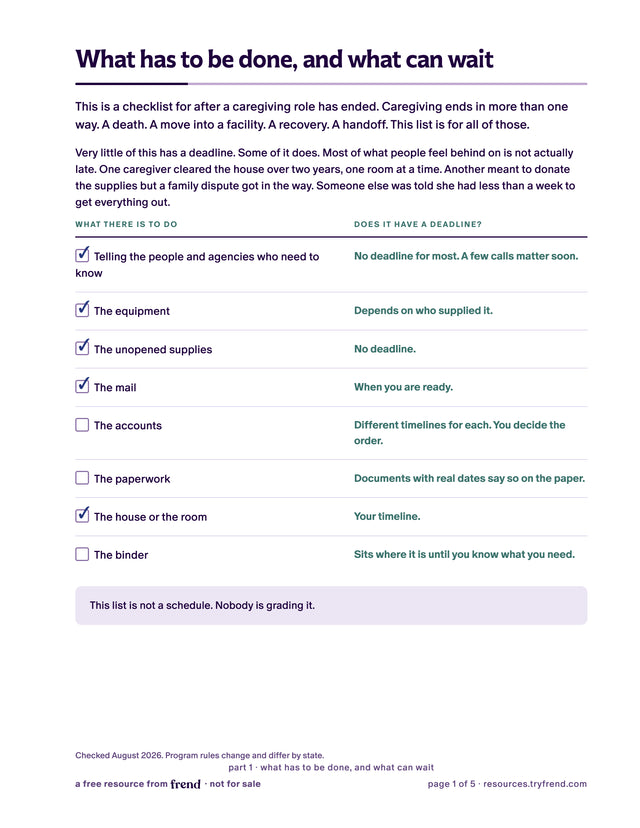 First page of the after-caregiving checklist showing tasks and pacing column