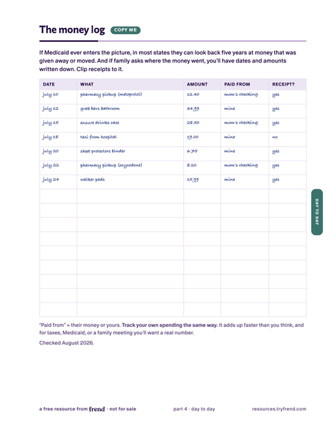 Example money log page