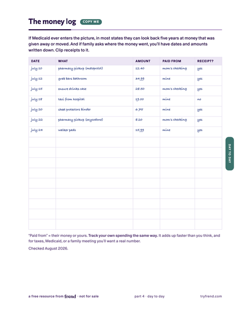 Example money log page