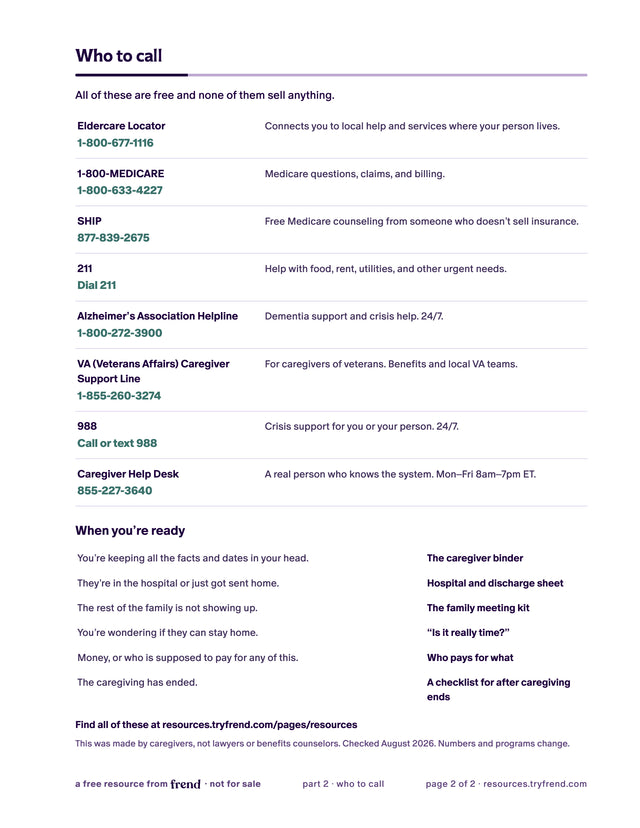 Page 2 with the phone numbers for free help