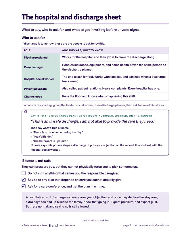 Page 1 of the hospital and discharge sheet showing who to ask for