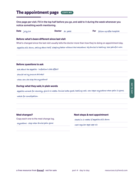 Example appointment page of the caregiver binder